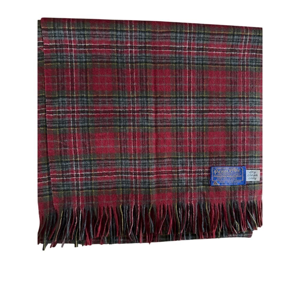 Pendleton VIRGIN WOOL Scarf Maroon Red Gray‎ Multi Plaid Made In USA